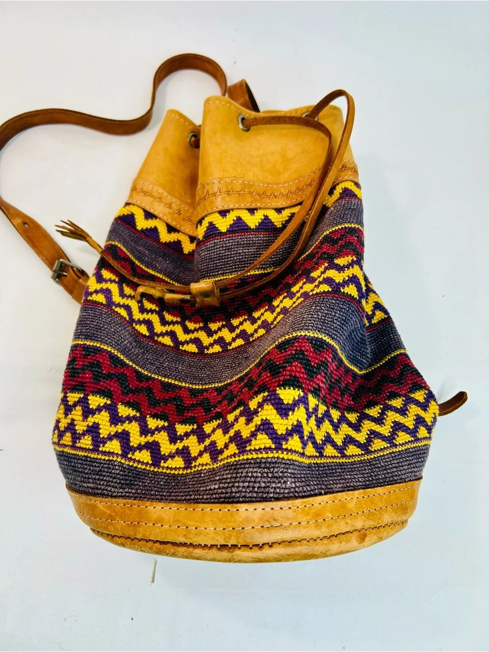 Vintage Handwoven Kilim Backpack Bucket Bag, Drawstring, Tribal Pattern, Leather
